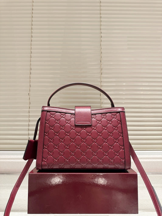 GUCCI PADLOCK MEDIUM TOP HANDLE BAG EMBOSSED BURGUNDY/RED GG LEATHER