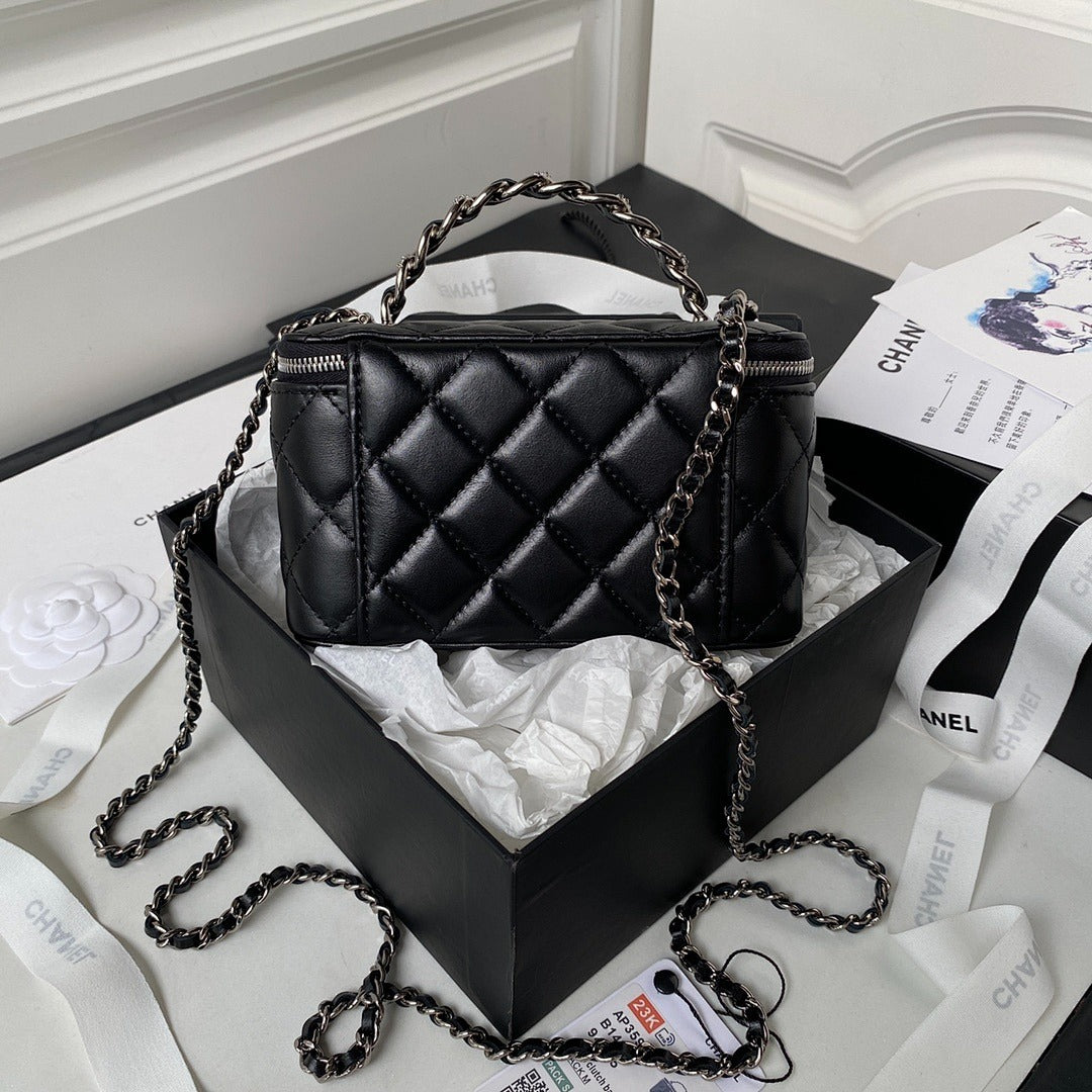 CHANEL QUILTED VANITY SHOULDER BAG BLACK CHAIN STRAP GOLD HARDWARE
