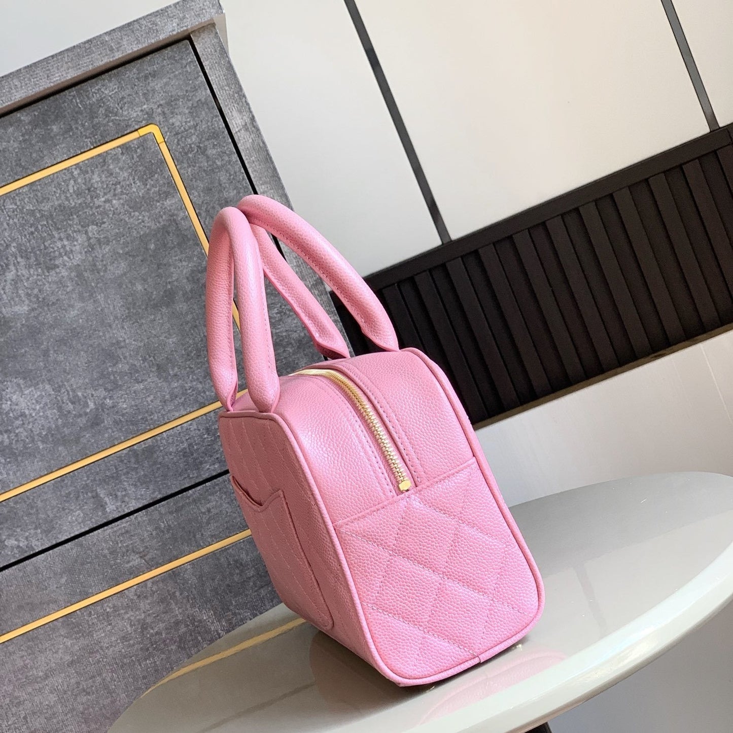 CHANEL BOWLING BAG LEATHER HANDBAG PINK