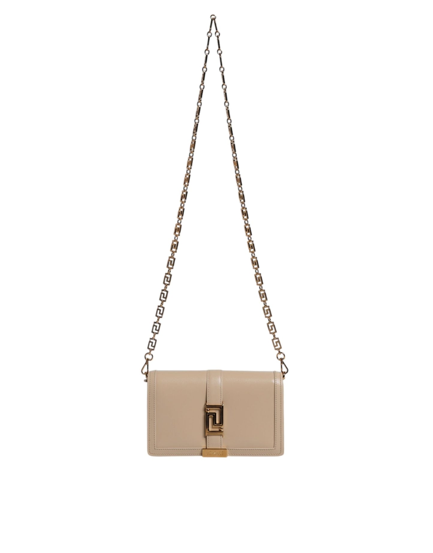 Versace Beige Gold Chain Calf Leather Wallet Crossbody Bag