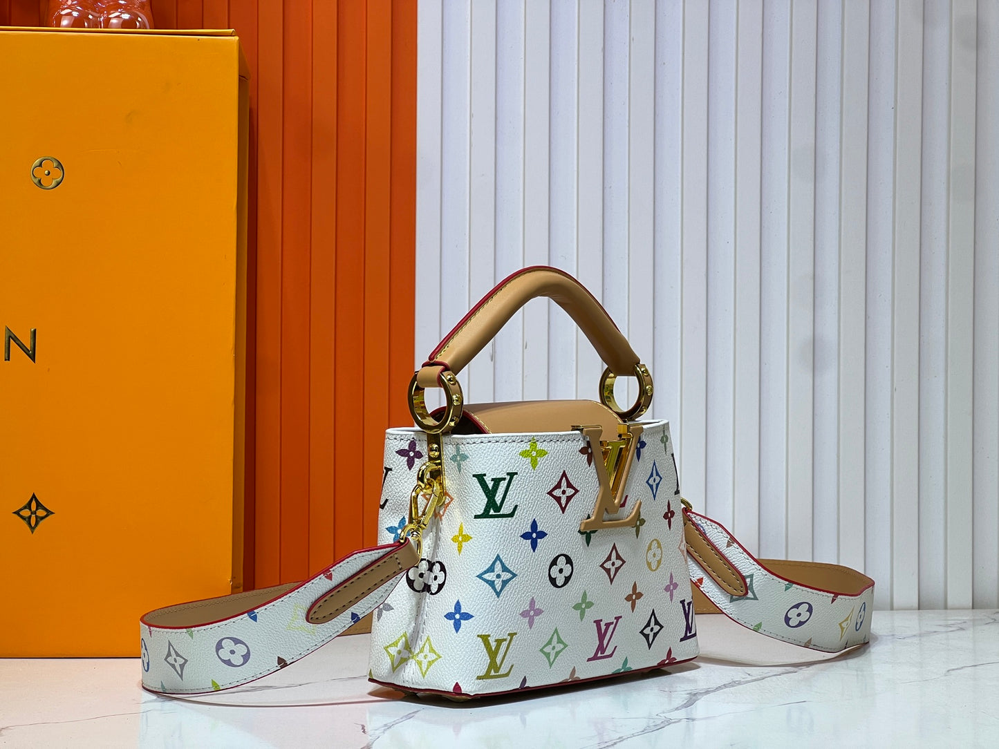 Louis Vuitton White Tricolor Capucines Bag