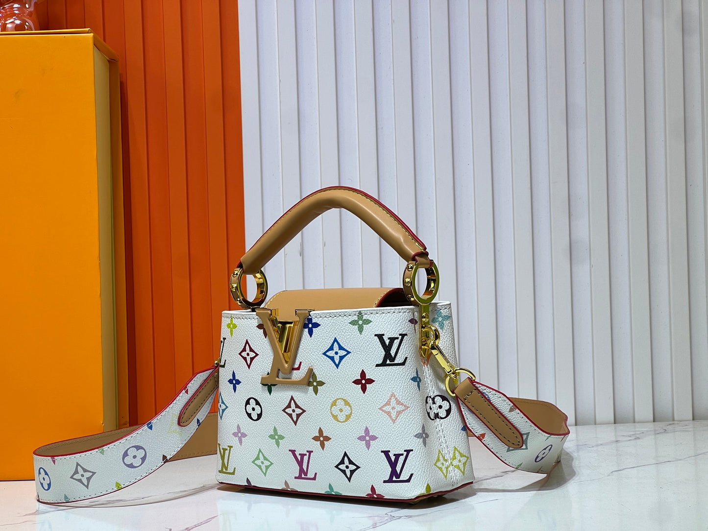 Louis Vuitton White Tricolor Capucines Bag
