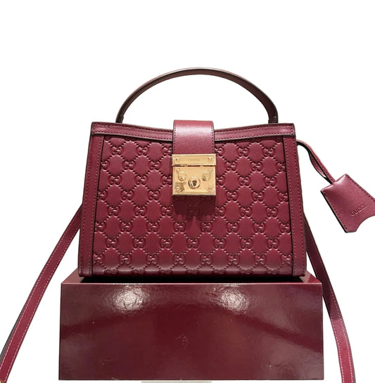 GUCCI PADLOCK MEDIUM TOP HANDLE BAG EMBOSSED BURGUNDY/RED GG LEATHER