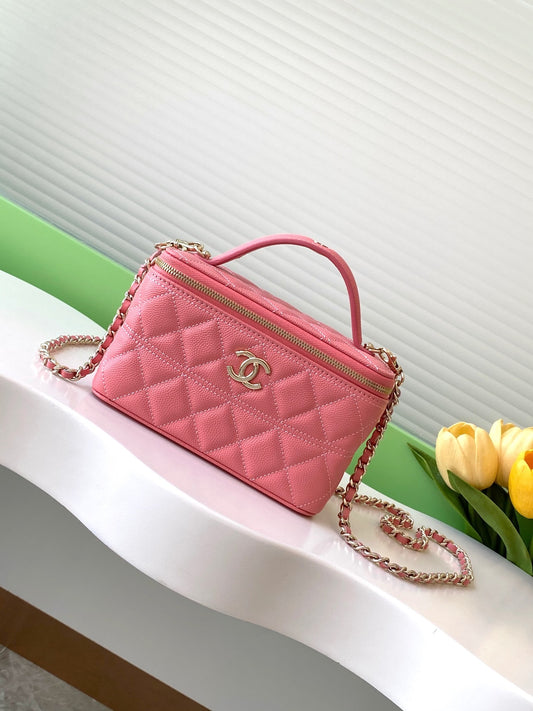CHANEL QUILTED VANITY SHOULDER BAG  PINK WITH  CHAIN STRAP GOLD HARDWARE