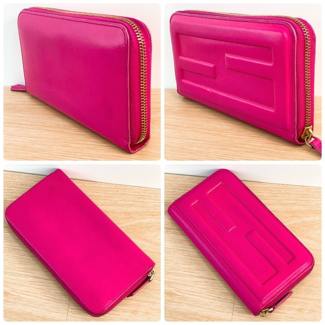 FENDI LONG WALLET ROUND ZIP LEATHER WALLET  PINK