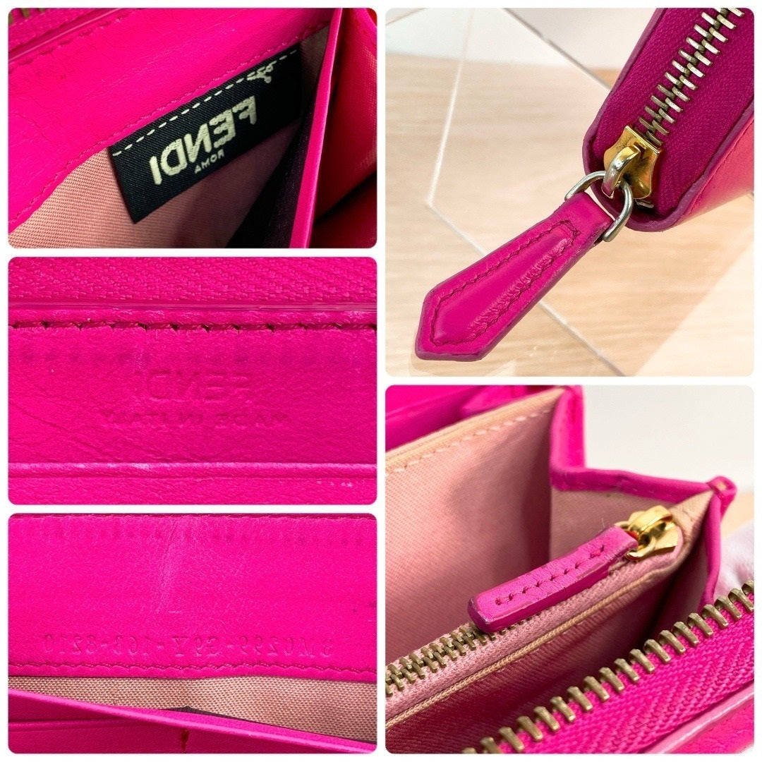 FENDI LONG WALLET ROUND ZIP LEATHER WALLET  PINK