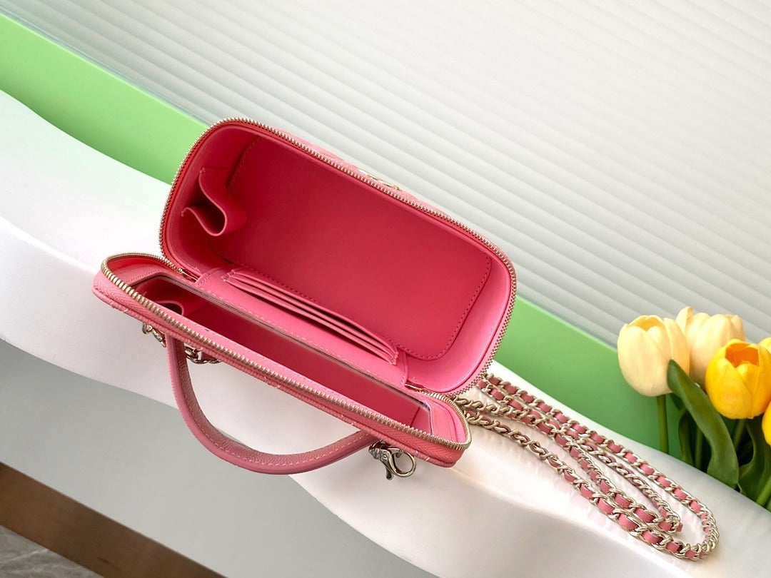 CHANEL QUILTED VANITY SHOULDER BAG  PINK WITH  CHAIN STRAP GOLD HARDWARE