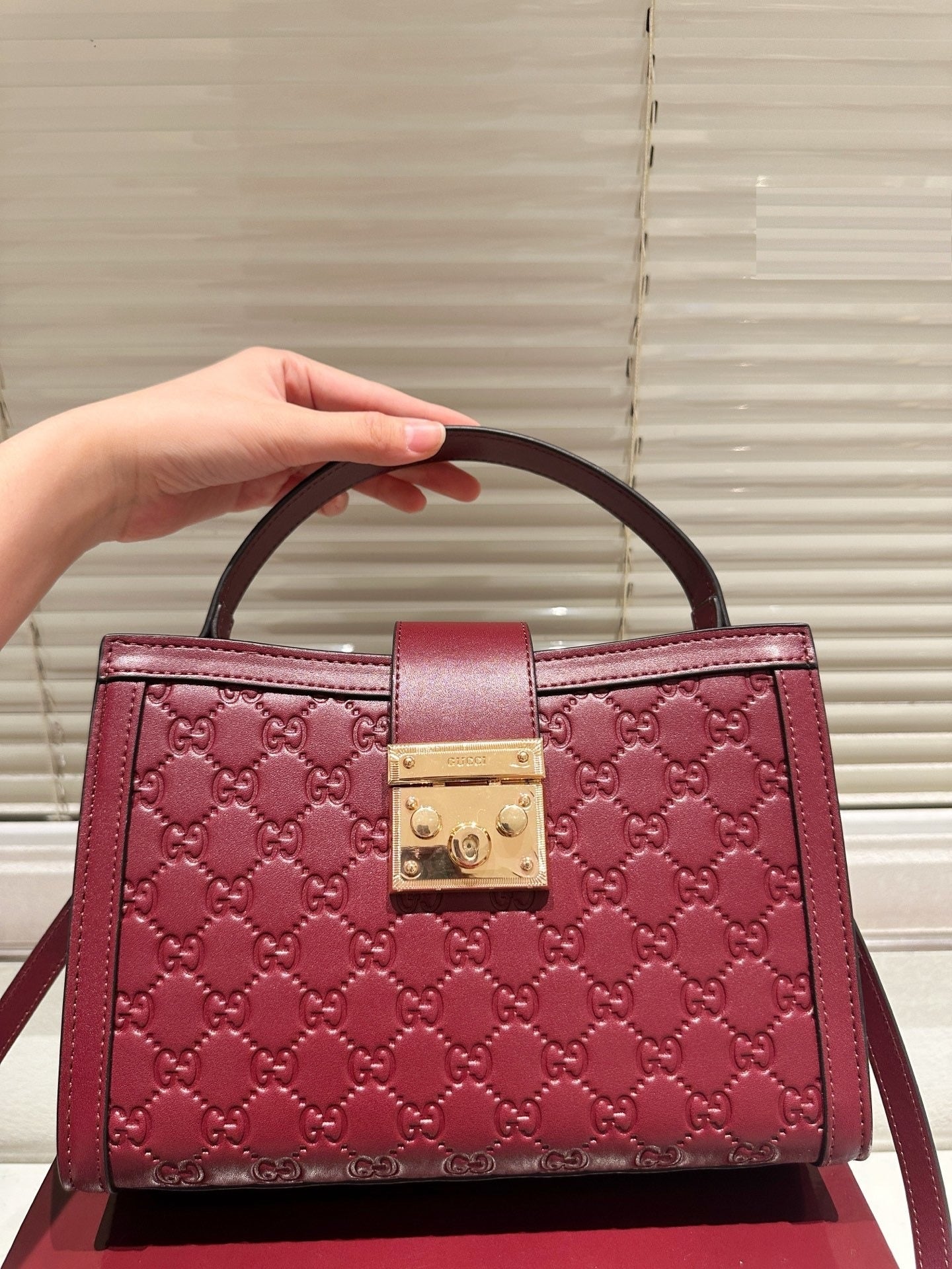 GUCCI PADLOCK MEDIUM TOP HANDLE BAG EMBOSSED BURGUNDY/RED GG LEATHER