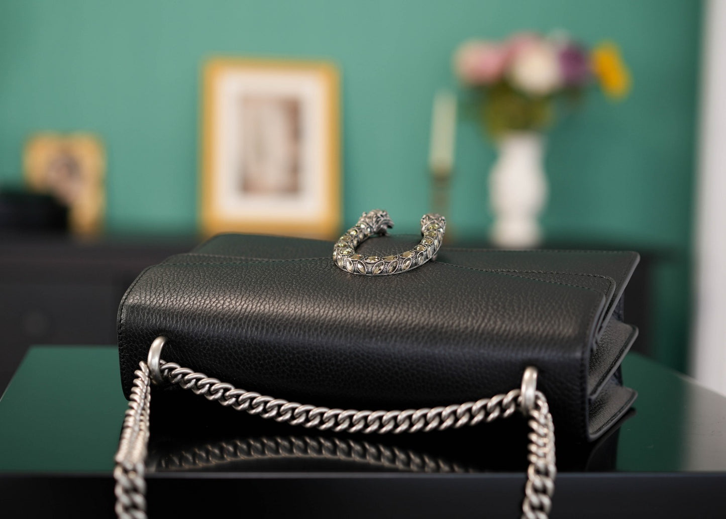 GUCCI DIONYSUS SHOULDER BAG  BLACK TEXTURED LEATHER