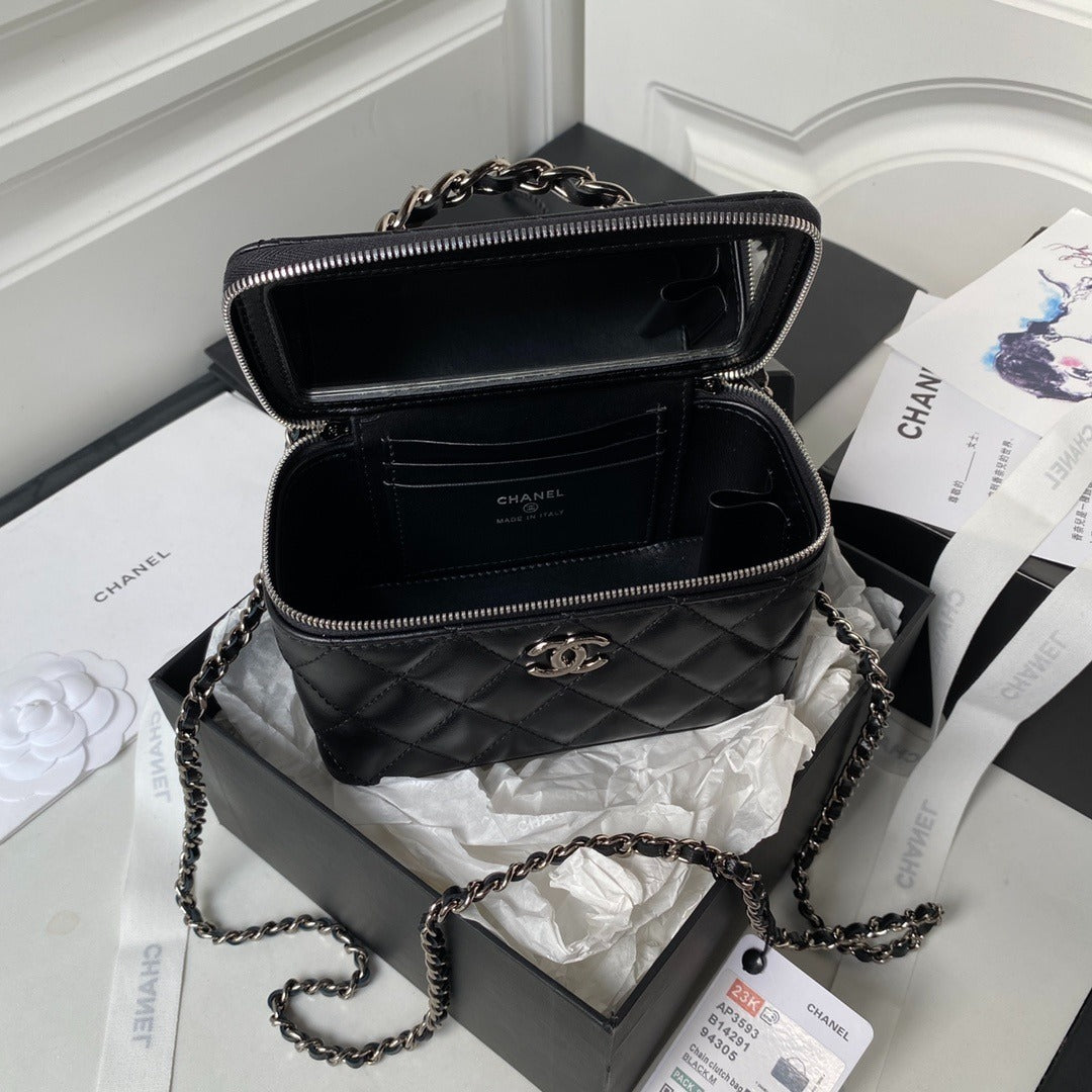 CHANEL QUILTED VANITY SHOULDER BAG BLACK CHAIN STRAP GOLD HARDWARE