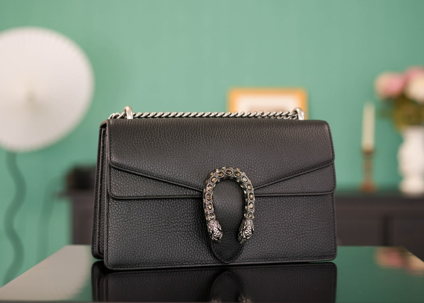 GUCCI DIONYSUS SHOULDER BAG  BLACK TEXTURED LEATHER