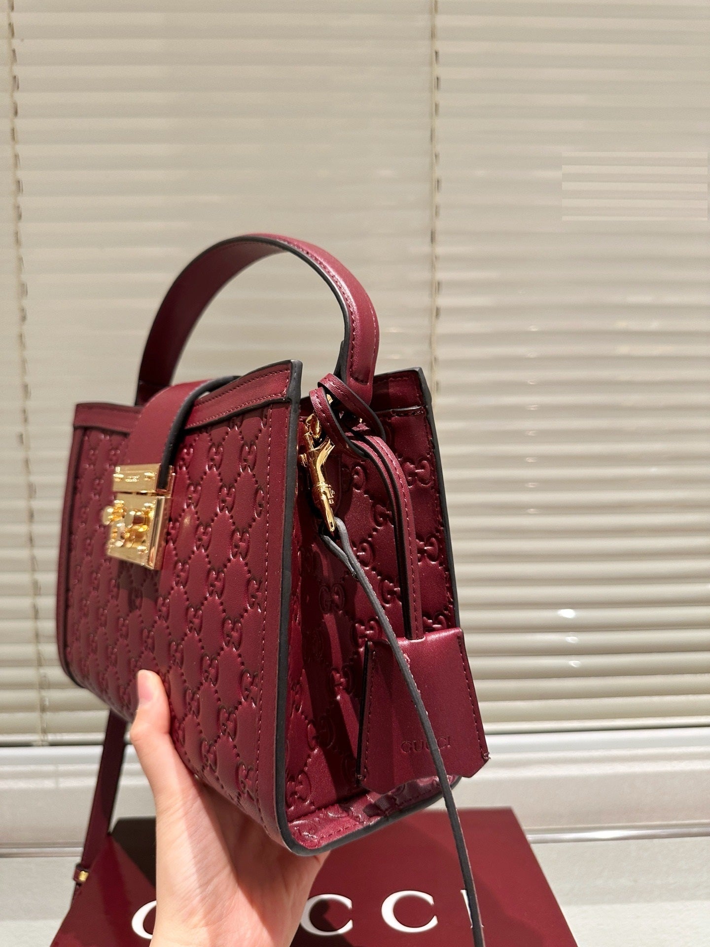 GUCCI PADLOCK MEDIUM TOP HANDLE BAG EMBOSSED BURGUNDY/RED GG LEATHER