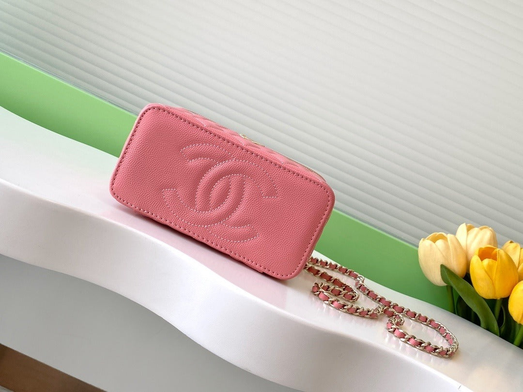 CHANEL QUILTED VANITY SHOULDER BAG  PINK WITH  CHAIN STRAP GOLD HARDWARE