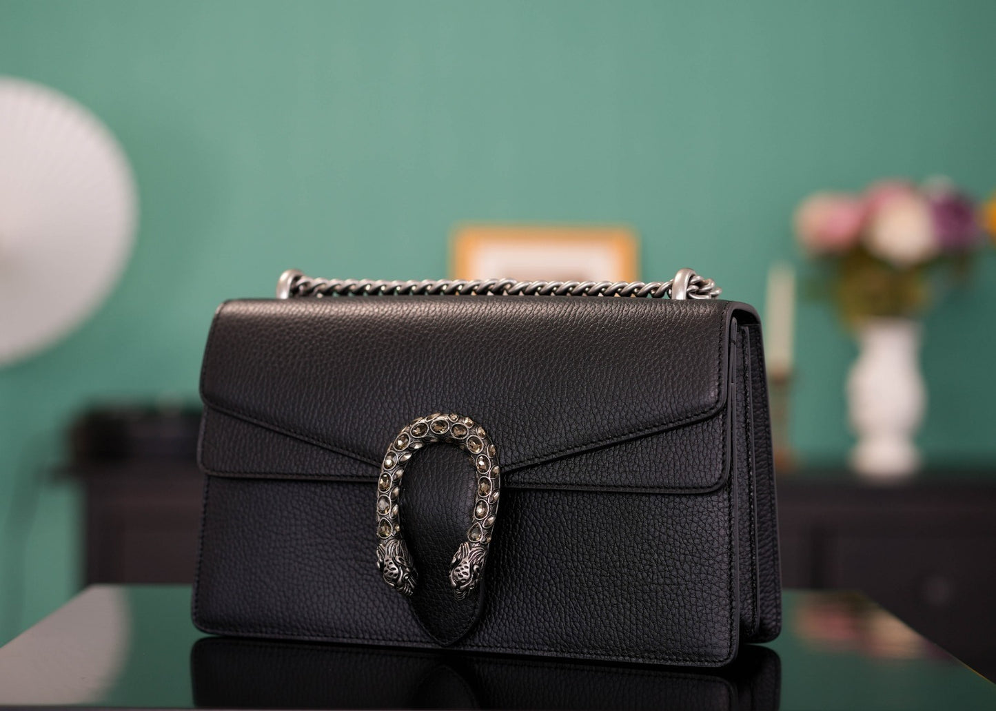 GUCCI DIONYSUS SHOULDER BAG  BLACK TEXTURED LEATHER