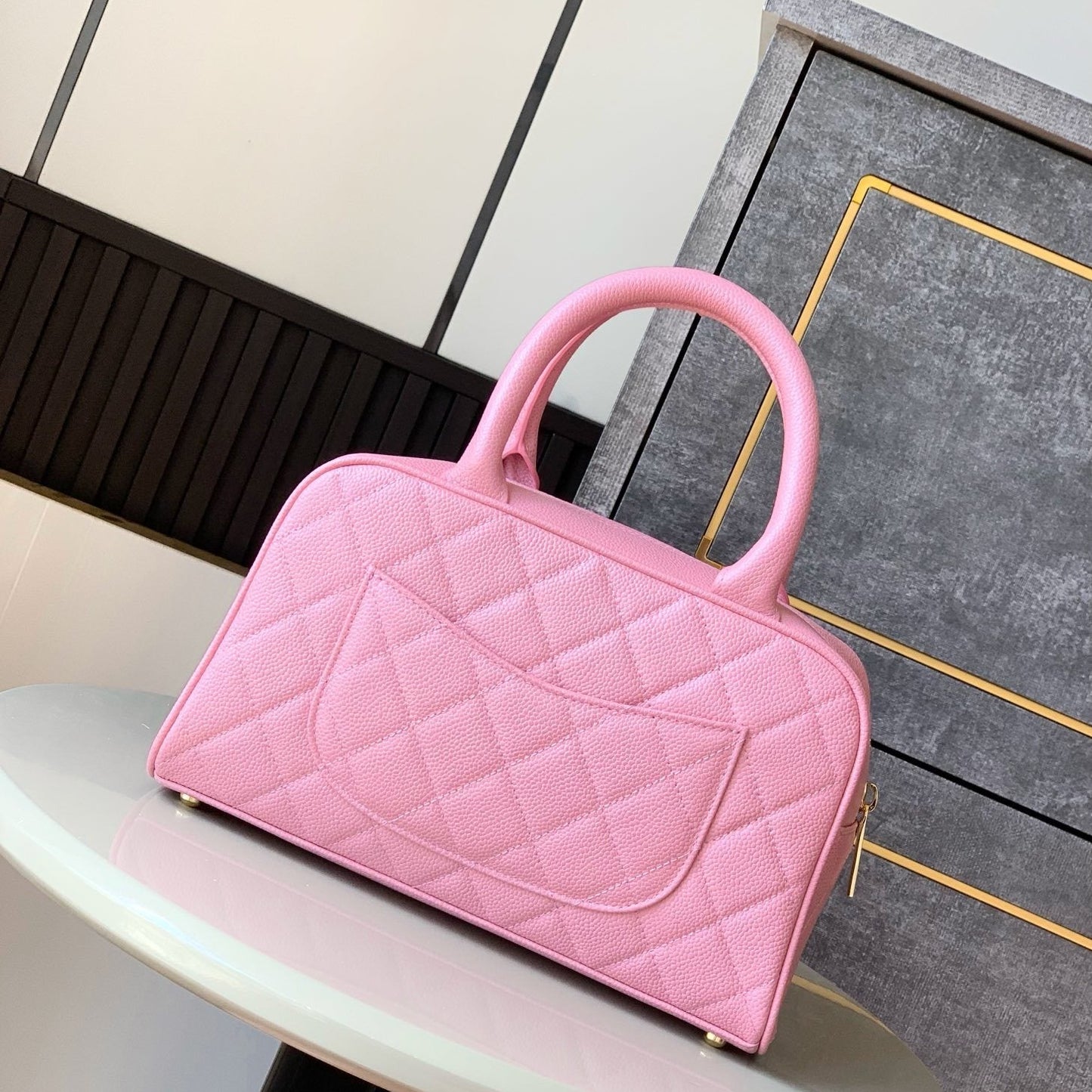 CHANEL BOWLING BAG LEATHER HANDBAG PINK