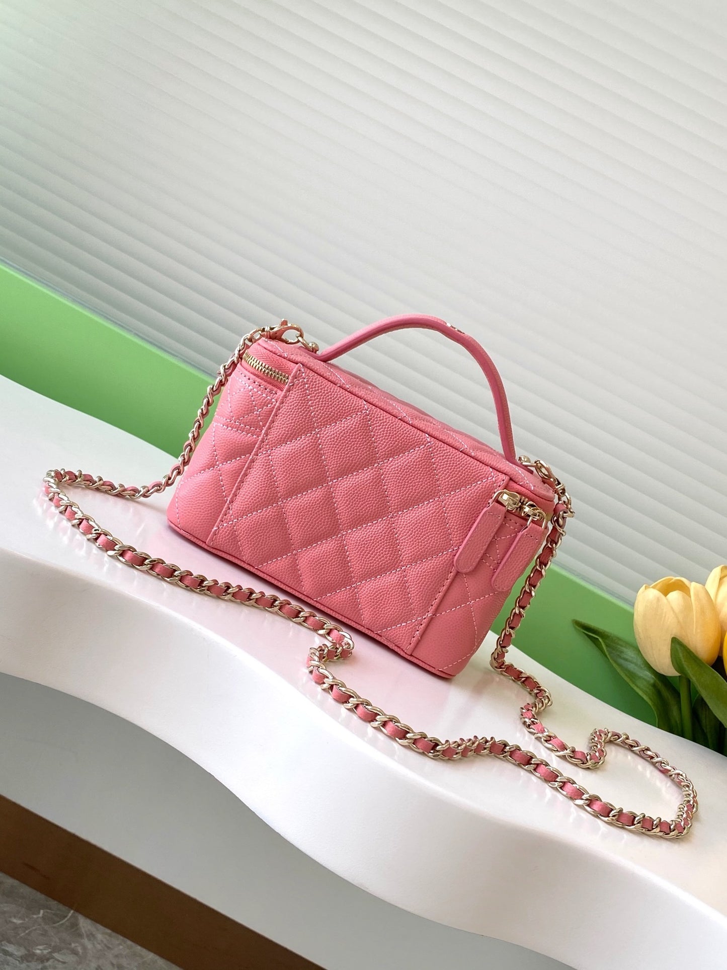 CHANEL QUILTED VANITY SHOULDER BAG  PINK WITH  CHAIN STRAP GOLD HARDWARE
