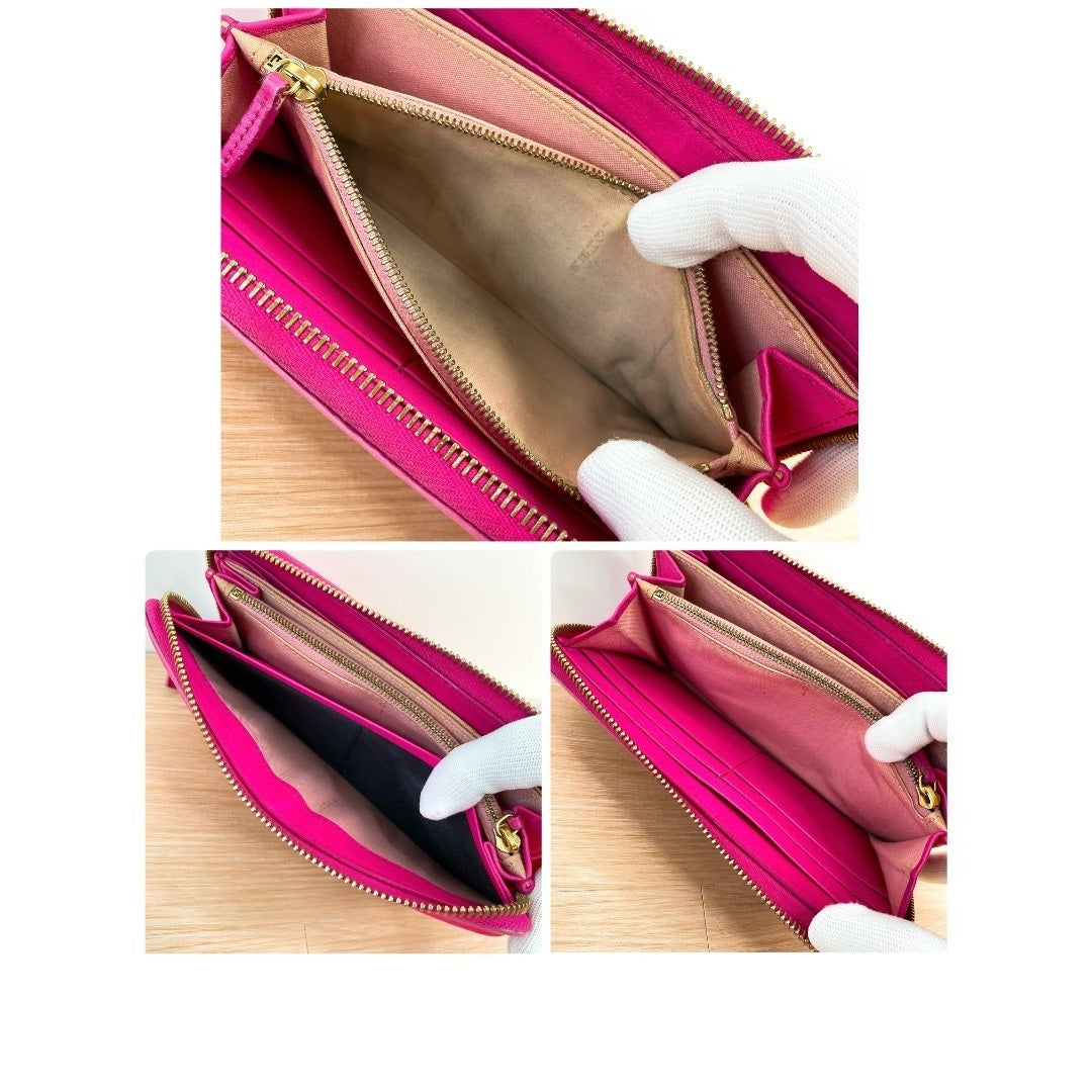 FENDI LONG WALLET ROUND ZIP LEATHER WALLET  PINK