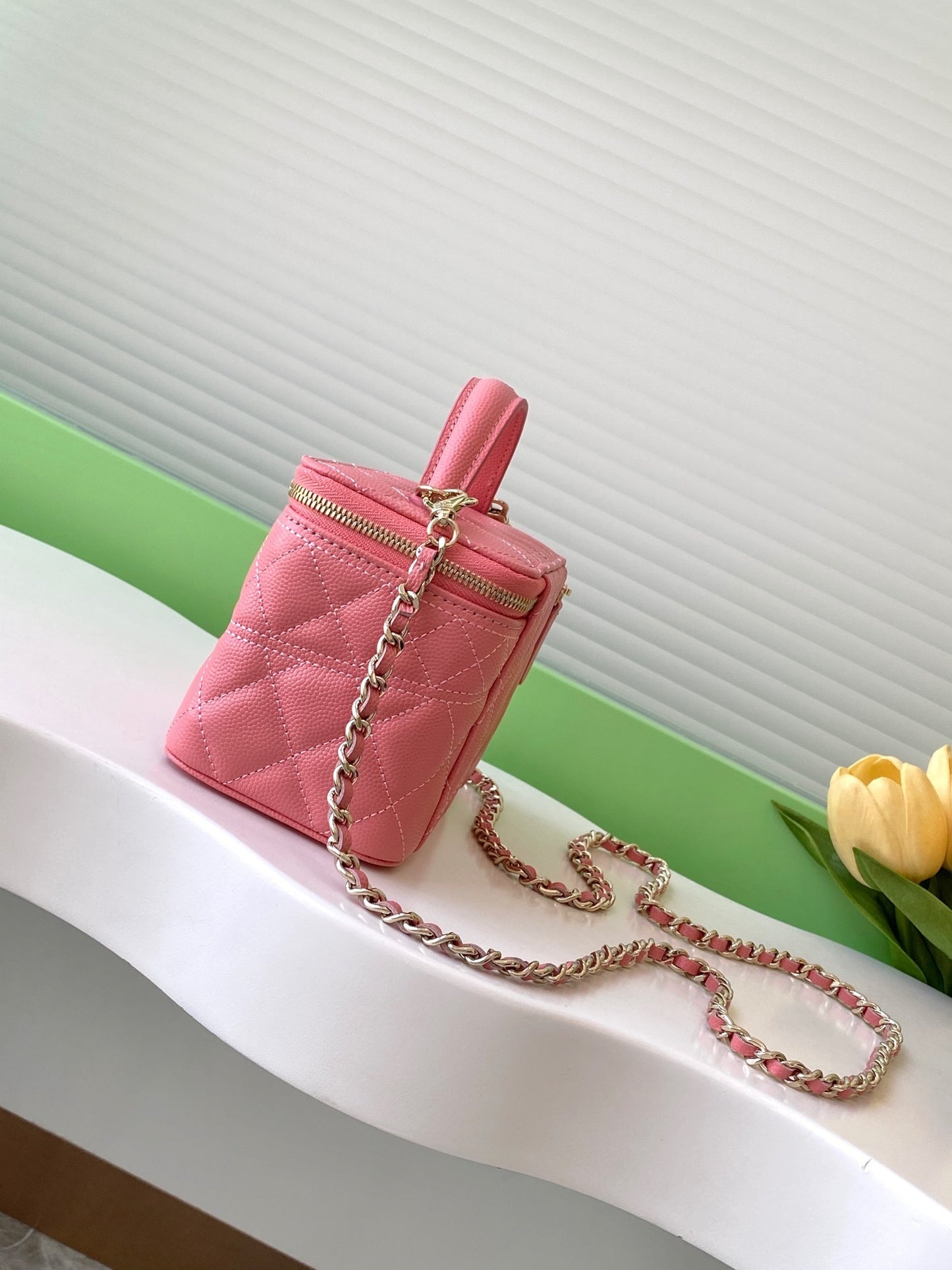 CHANEL QUILTED VANITY SHOULDER BAG  PINK WITH  CHAIN STRAP GOLD HARDWARE
